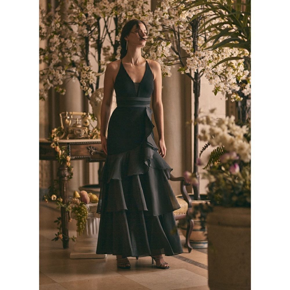Aidan Mattox Black Tiered Ruffle Halter Evening Gown
